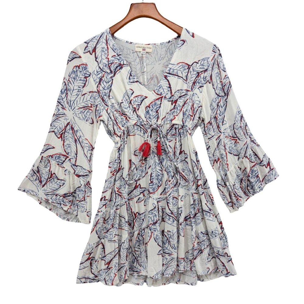 K&P Philips Design Mini Dress White Blue Red Palm Tassel Flared Sleeve Size S/M